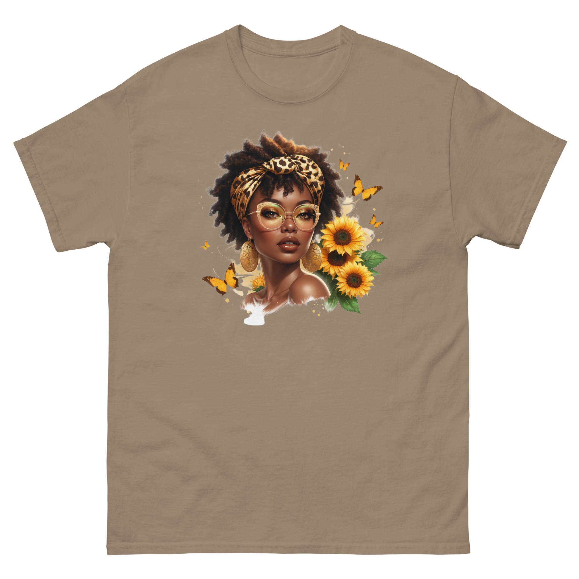 Afro Chic Sunflower Tee – Leopard Wrap & Butterfly Graphic Women Tees Style Junction – Custom Digital Designs & Apparel Brown Savana S