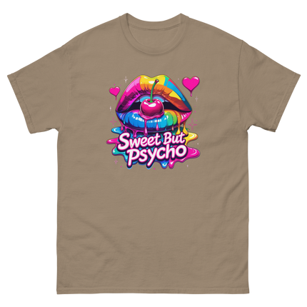 Sweet But Psycho Tee – Neon Cherry Dripping Lips Pop Art Women Tees Style Junction – Custom Digital Designs & Apparel Brown Savana S