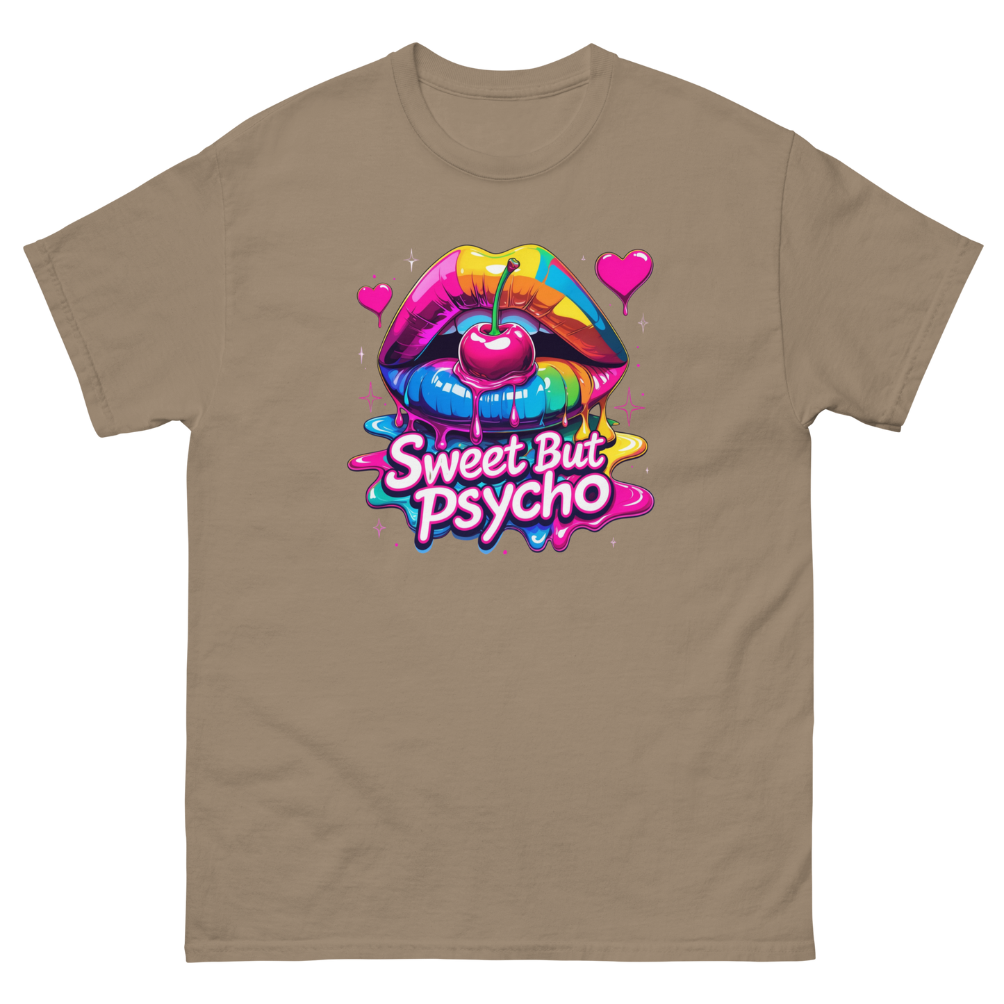 Sweet But Psycho Tee – Neon Cherry Dripping Lips Pop Art Women Tees Style Junction – Custom Digital Designs & Apparel Brown Savana S