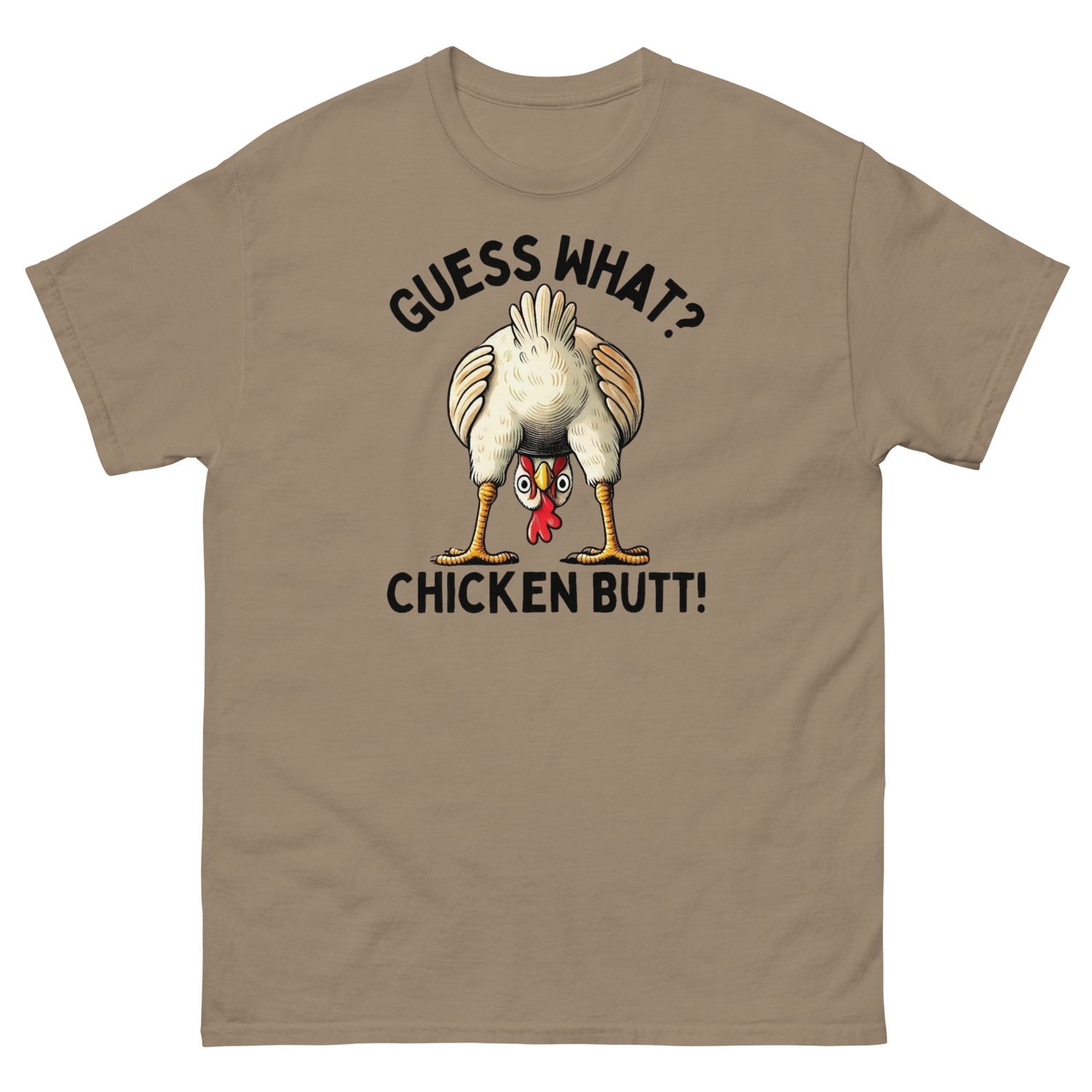 Funny Chicken Butt Graphic T-Shirt | Guess What Chicken Butt Tee | Comical Farm Animal Cotton Shirt | Gift for Animal Lovers & Crafters Women Tees Style Junction – Custom Digital Designs & Apparel Brown Savana S