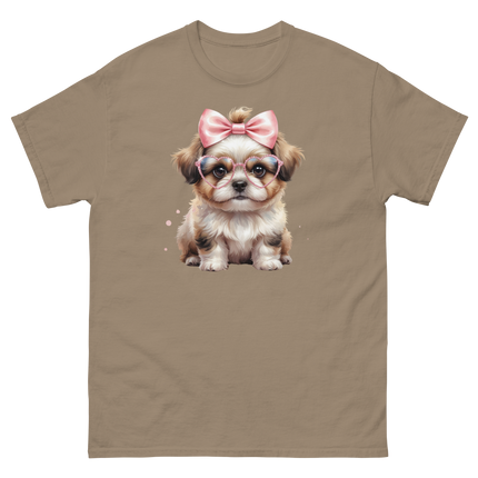 Fluffy Dog Tee – Pink Bow & Heart Glasses Pet Lover Graphic Women Tees Style Junction – Custom Digital Designs & Apparel Brown Savana S