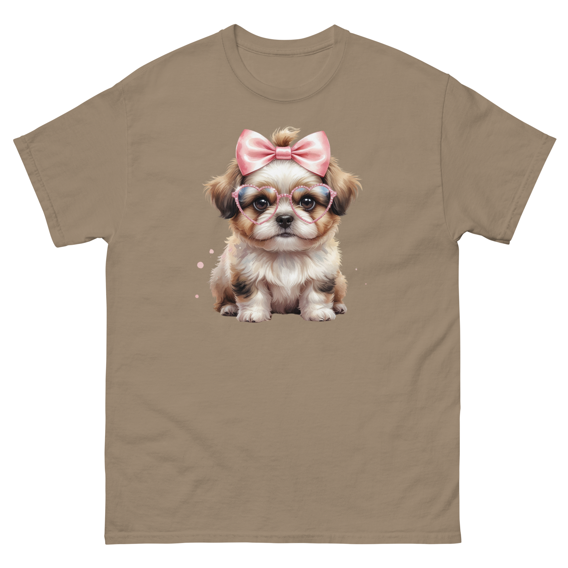 Fluffy Dog Tee – Pink Bow & Heart Glasses Pet Lover Graphic Women Tees Style Junction – Custom Digital Designs & Apparel Brown Savana S