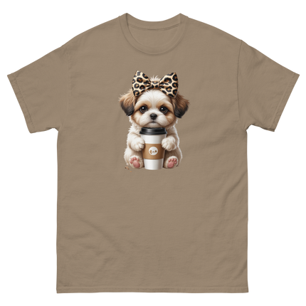 Leopard Bow Shih Tzu Tee – Cute Coffee Puppy Graphic Shirt Women Tees Style Junction – Custom Digital Designs & Apparel Brown Savana S