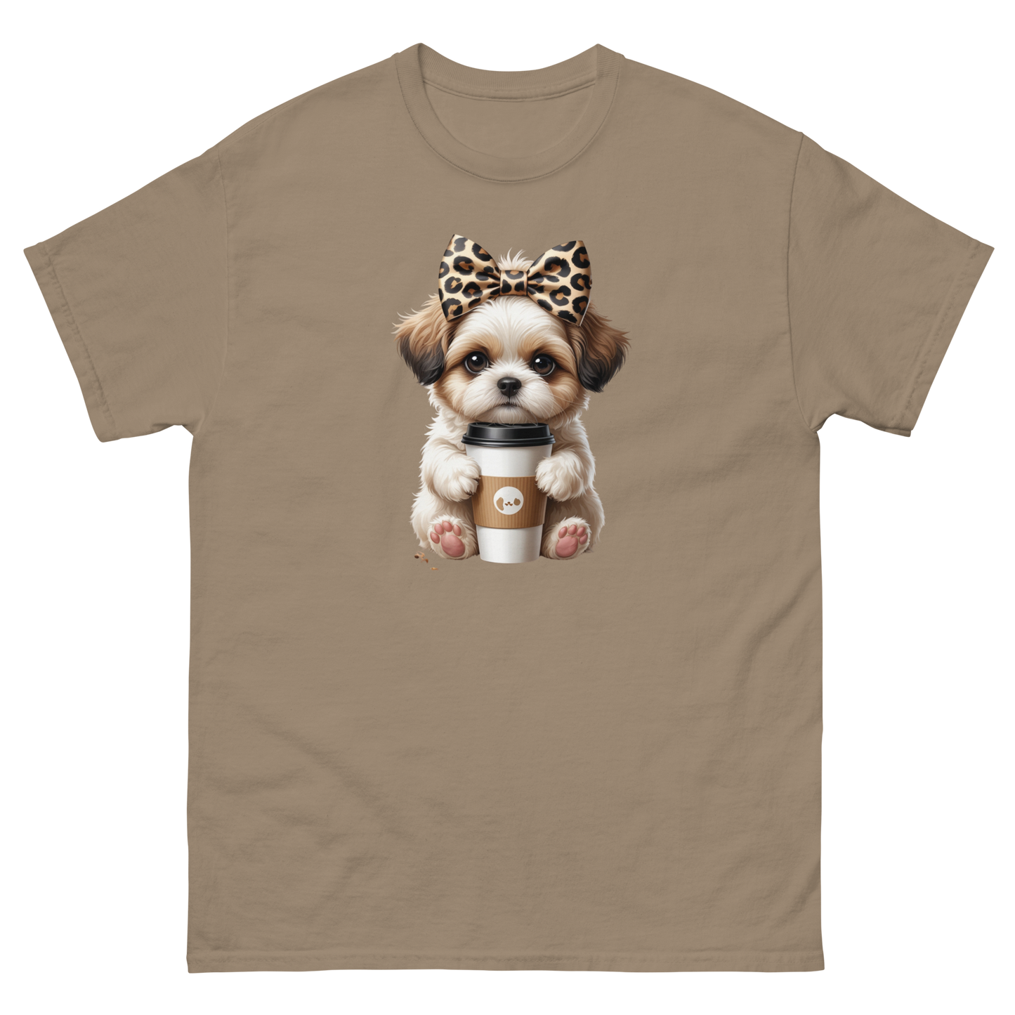 Leopard Bow Shih Tzu Tee – Cute Coffee Puppy Graphic Shirt Women Tees Style Junction – Custom Digital Designs & Apparel Brown Savana S