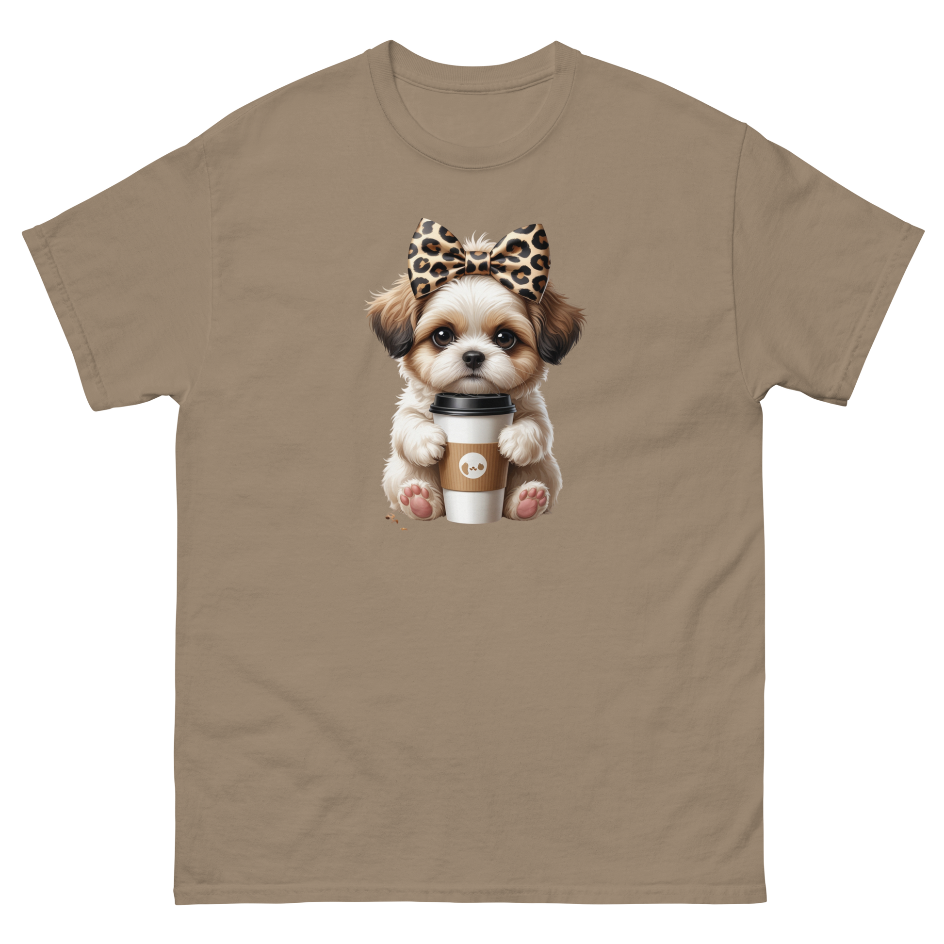 Leopard Bow Shih Tzu Tee – Cute Coffee Puppy Graphic Shirt Women Tees Style Junction – Custom Digital Designs & Apparel Brown Savana S