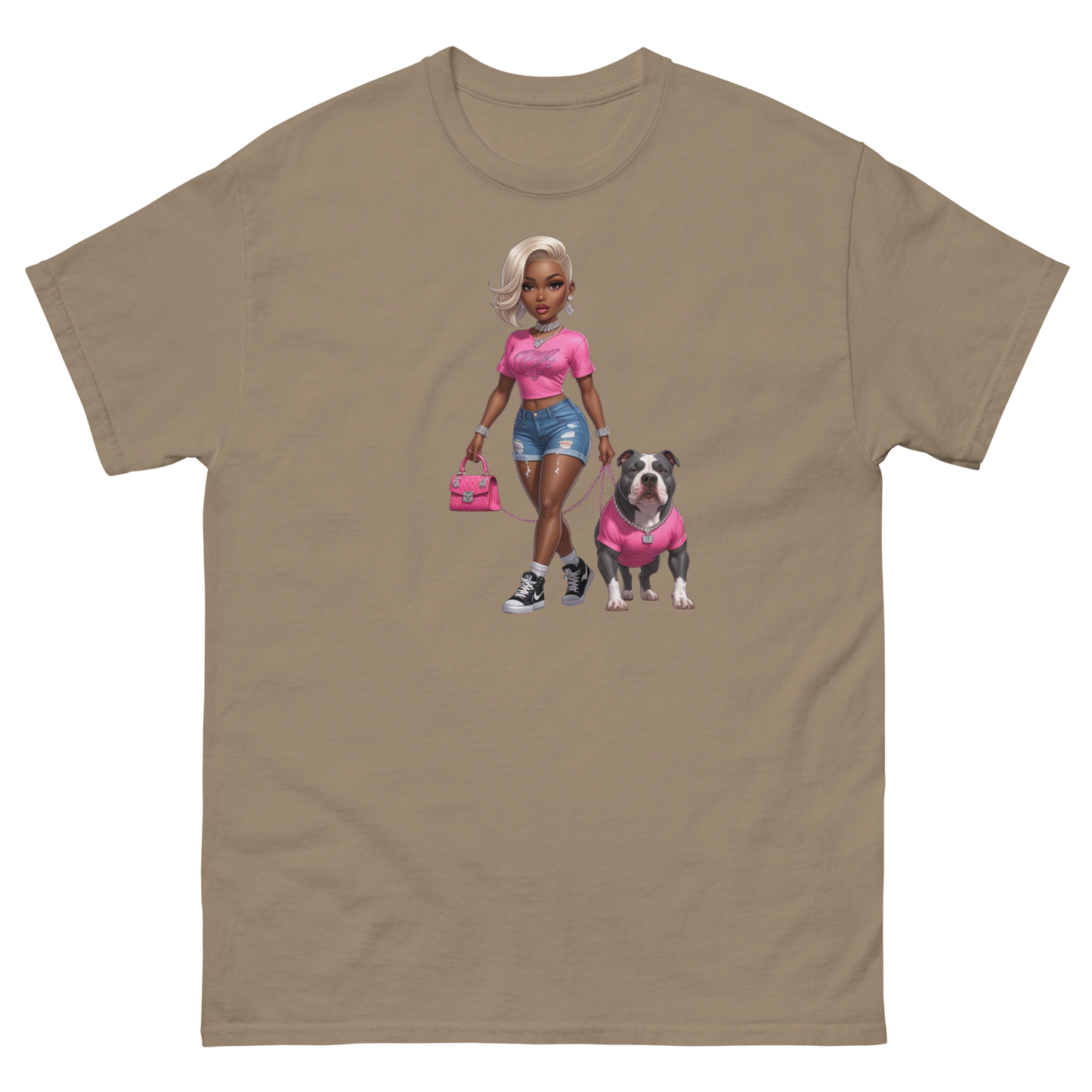 Hot Pink Bulldog Diva Tee – 100% Cotton Graphic Streetwear Women Tees Style Junction – Custom Digital Designs & Apparel Brown Savana S