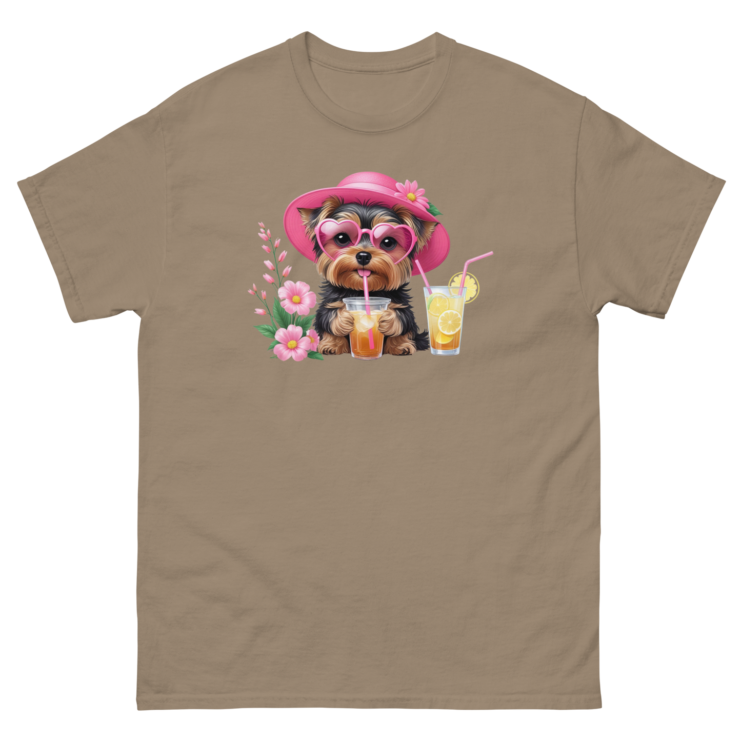 Yorkie Dog #1 Iced Tea Graphic Tee – Floral Summer PNG Print Shirt Women Tees Style Junction – Custom Digital Designs Brown Savana S