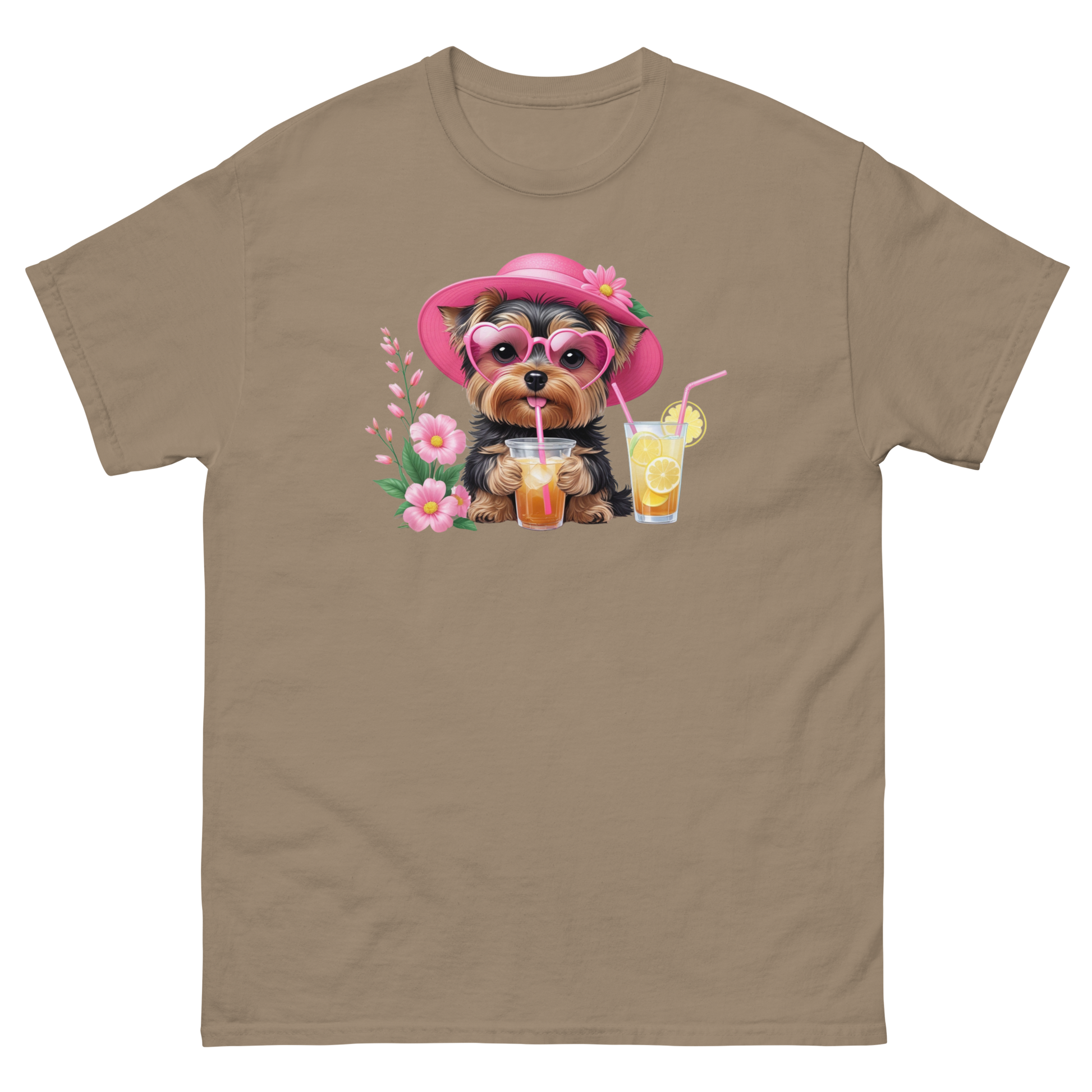Yorkie Dog #1 Iced Tea Graphic Tee – Floral Summer PNG Print Shirt Women Tees Style Junction – Custom Digital Designs Brown Savana S