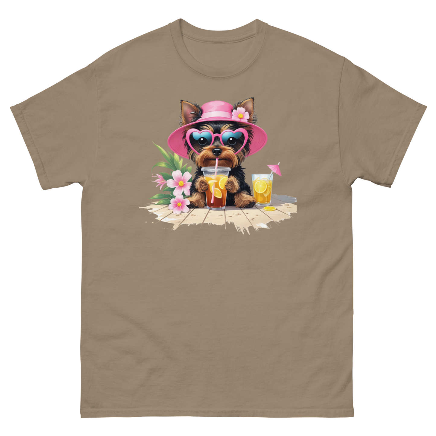 Yorkie Dog #3 Iced Tea Graphic Tee – Floral Summer PNG Print Shirt Women Tees Style Junction – Custom Digital Designs Brown Savana S