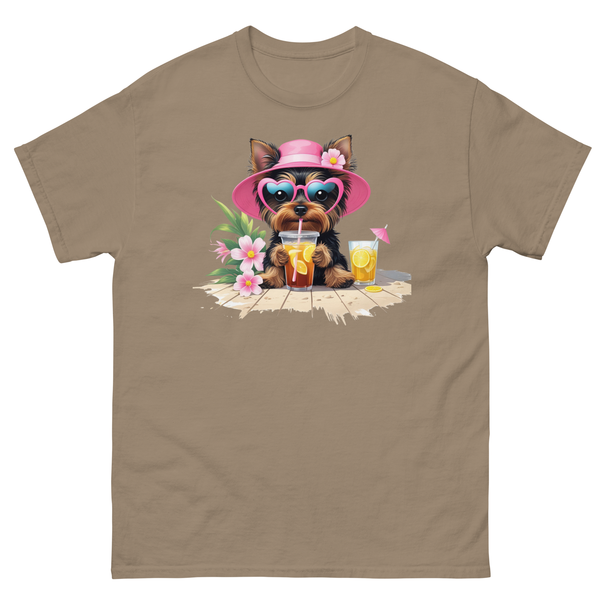 Yorkie Dog #3 Iced Tea Graphic Tee – Floral Summer PNG Print Shirt Women Tees Style Junction – Custom Digital Designs Brown Savana S
