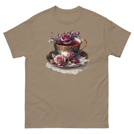 Romantic Teacup with Roses Art Tee Women Tees Style Junction – Custom Digital Designs & Apparel Brown Savana S