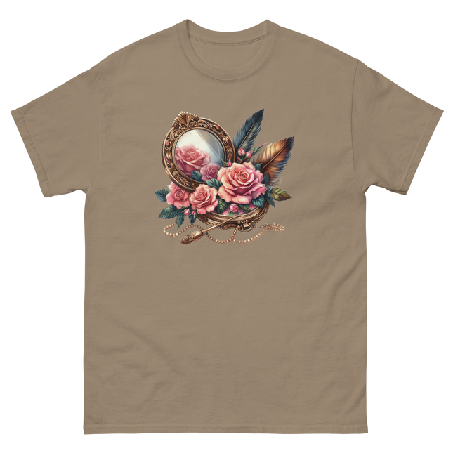 Vintage Mirror & Rose Frame Tee Women Tees Style Junction – Custom Digital Designs & Apparel Brown Savana S