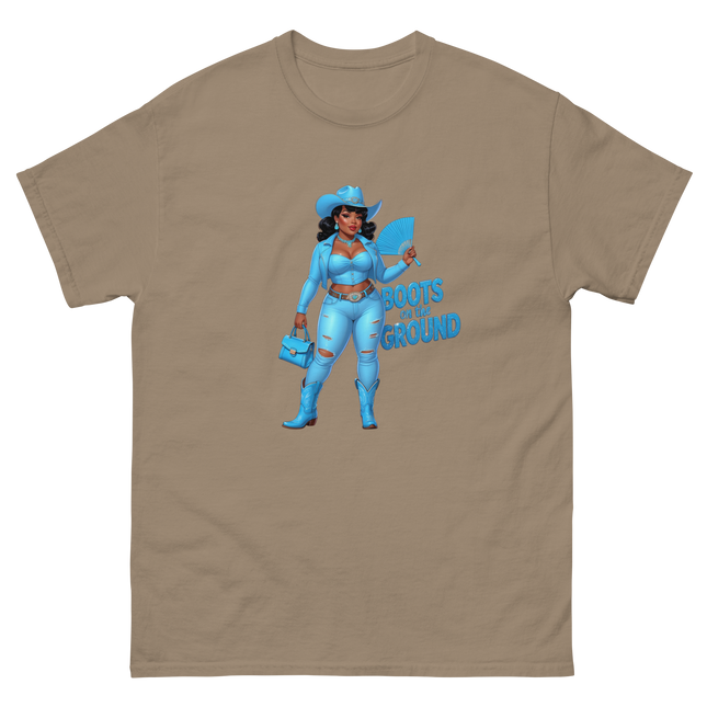 Boots on the Ground Tee – Light Blue Curvy Cowgirl Graphic #2 Women Tees Style Junction – Custom Digital Designs & Apparel Brown Savana S