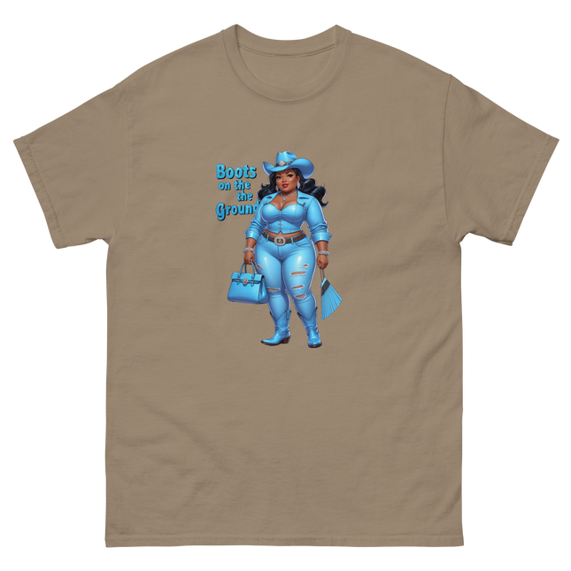Boots on the Ground Tee – Light Blue Curvy Cowgirl Graphic #3 Women Tees Style Junction – Custom Digital Designs & Apparel Brown Savana S