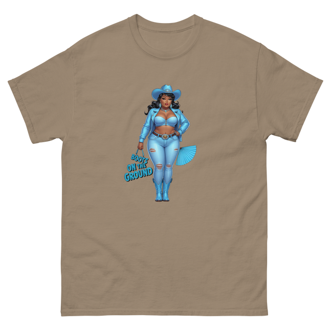 Boots on the Ground Tee – Light Blue Curvy Cowgirl Graphic #4 Women Tees Style Junction – Custom Digital Designs & Apparel Brown Savana S