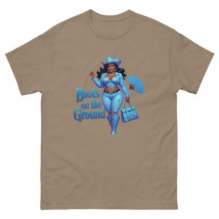 Boots on the Ground Tee – Light Blue Curvy Cowgirl Graphic #5 Women Tees Style Junction – Custom Digital Designs & Apparel Brown Savana S