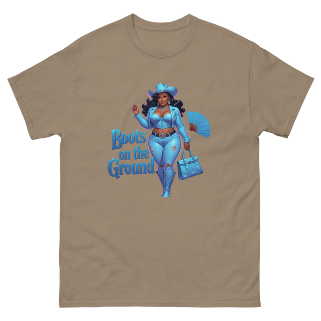 Boots on the Ground Tee – Light Blue Curvy Cowgirl Graphic #5 Women Tees Style Junction – Custom Digital Designs & Apparel Brown Savana S