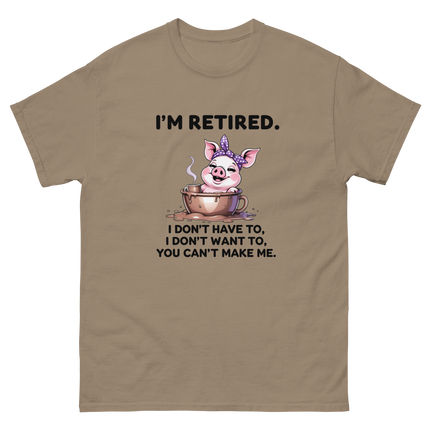 I'm Retired Tee – Funny Pig in Mug Graphic with Sassy Quote #1 Women Tees Style Junction – Custom Digital Designs & Apparel Brown Savana S
