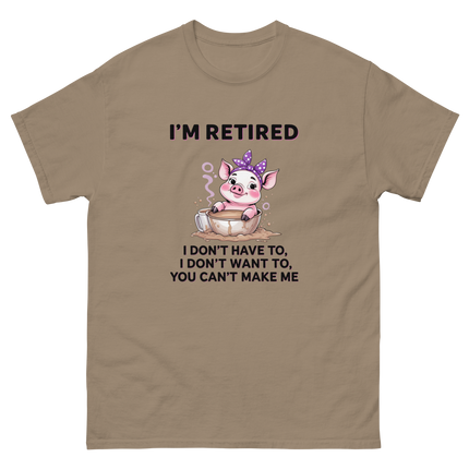 I'm Retired Tee – Funny Pig in Mug Graphic with Sassy Quote #2 Women Tees Style Junction – Custom Digital Designs & Apparel Brown Savana S