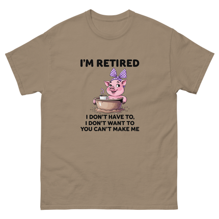 I'm Retired Tee – Funny Pig in Mug Graphic with Sassy Quote #3 Women Tees Style Junction – Custom Digital Designs & Apparel Brown Savana S