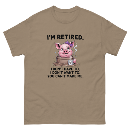 I'm Retired Tee – Funny Pig in Mug Graphic with Sassy Quote #4 Women Tees Style Junction – Custom Digital Designs & Apparel Brown Savana S