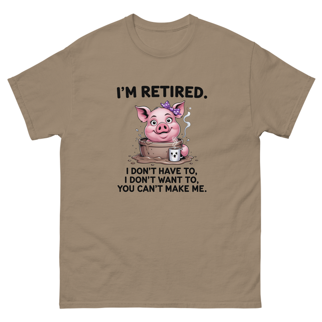 I'm Retired Tee – Funny Pig in Mug Graphic with Sassy Quote #4 Women Tees Style Junction – Custom Digital Designs & Apparel Brown Savana S