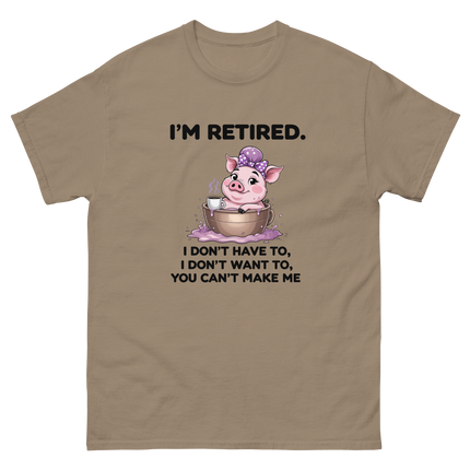 I'm Retired Tee – Funny Pig in Mug Graphic with Sassy Quote #5 Women Tees Style Junction – Custom Digital Designs & Apparel Brown Savana S