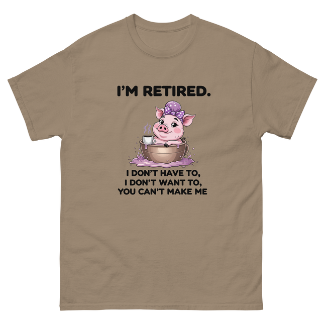 I'm Retired Tee – Funny Pig in Mug Graphic with Sassy Quote #5 Women Tees Style Junction – Custom Digital Designs & Apparel Brown Savana S