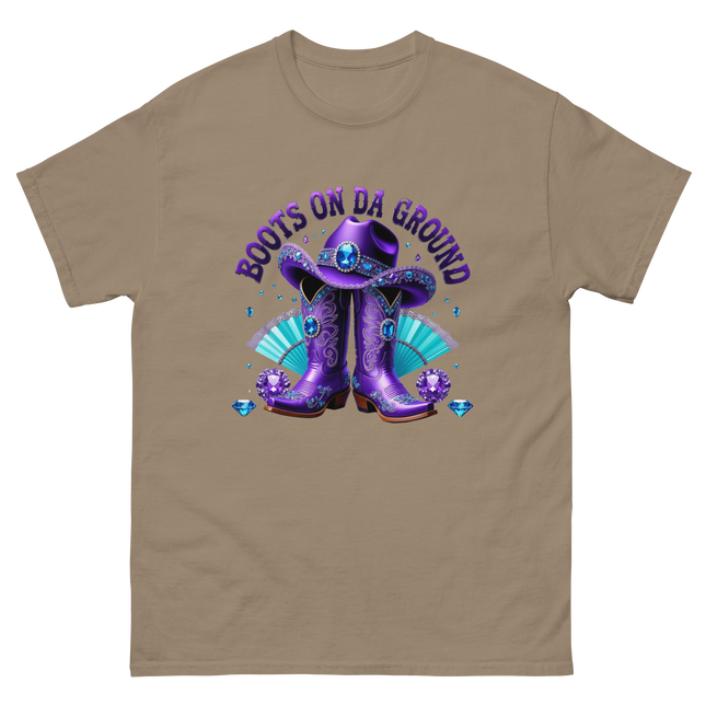 Boots on Da Ground Tee – Purple Fan & Jewel Design #1 Women Tees Style Junction – Custom Digital Designs & Apparel Brown Savana S