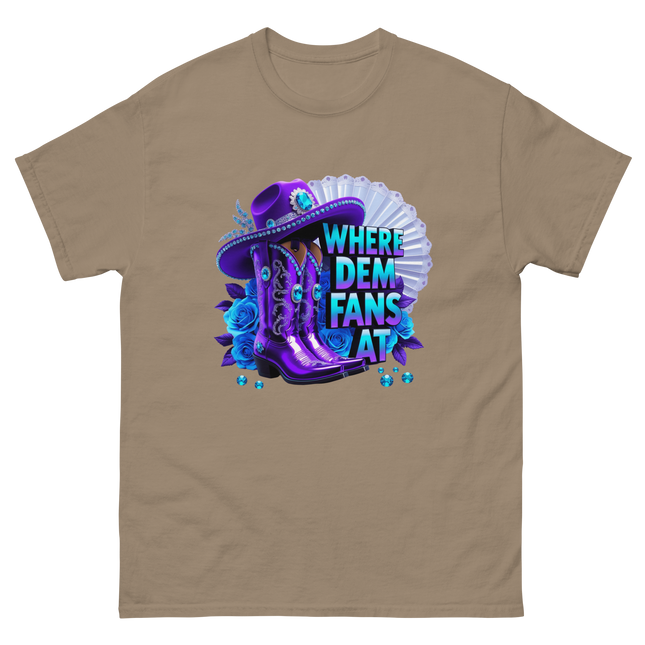 Where Dem Fans At Tee – Bold Purple Cowgirl Energy Women Tees Style Junction – Custom Digital Designs & Apparel Brown Savana S