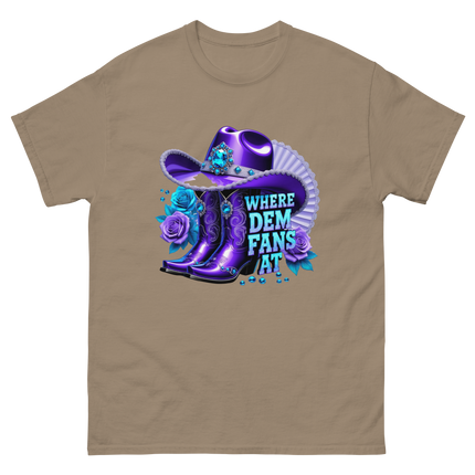 Where Dem Fans At Tee – Luxe Blue & Violet Fan Vibe Women Tees Style Junction – Custom Digital Designs & Apparel Brown Savana S