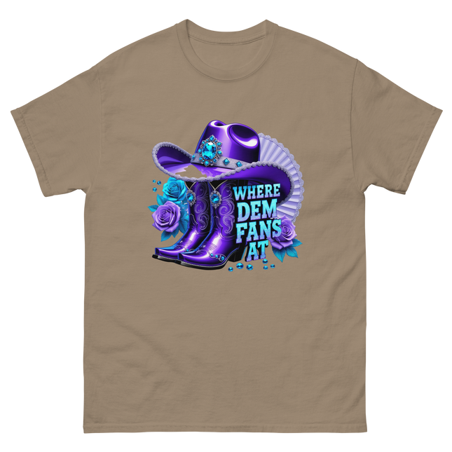 Where Dem Fans At Tee – Luxe Blue & Violet Fan Vibe Women Tees Style Junction – Custom Digital Designs & Apparel Brown Savana S