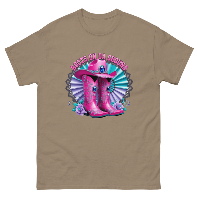 Blinged Out Cowgirl Tee – Pink Boots on Da Ground Women Tees Style Junction – Custom Digital Designs & Apparel Brown Savana S