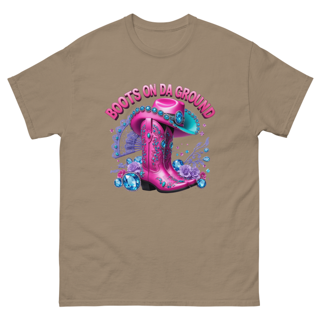 Bold Cowgirl Tee – Aqua Hat & Pink Boots Combo Women Tees Style Junction – Custom Digital Designs & Apparel Brown Savana S