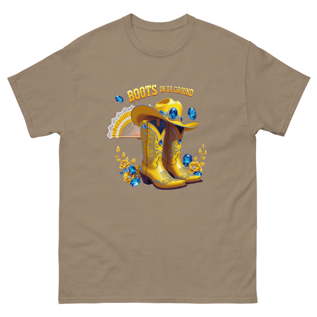 Golden Western Tee – Yellow Floral Boots on Da Ground Women Tees Style Junction – Custom Digital Designs & Apparel Brown Savana S