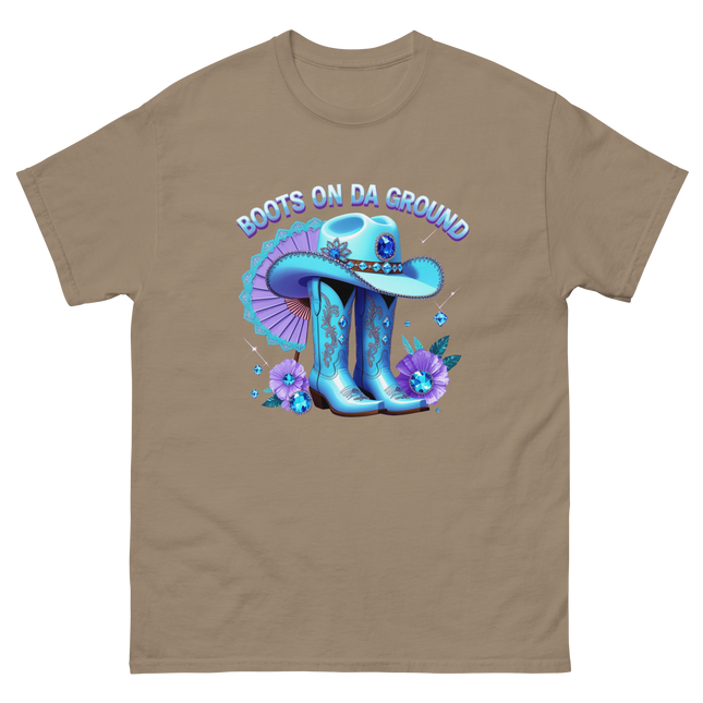 Light Blue Cowgirl Tee – Boots on Da Ground Western Glam Women Tees Style Junction – Custom Digital Designs & Apparel Brown Savana S
