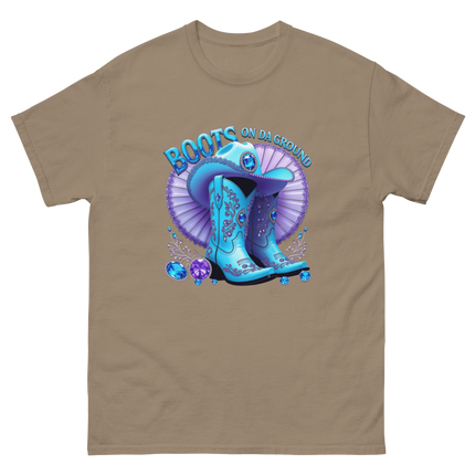 Sparkling Cowgirl Tee – Lavender Fan & Blue Boot Look Women Tees Style Junction – Custom Digital Designs & Apparel Brown Savana S