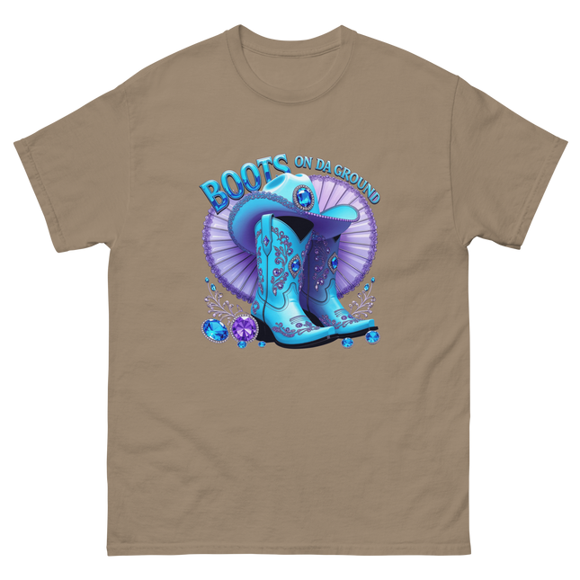 Sparkling Cowgirl Tee – Lavender Fan & Blue Boot Look Women Tees Style Junction – Custom Digital Designs & Apparel Brown Savana S
