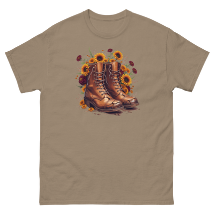 Rustic Fall Combat Boots with Sunflowers Graphic Tee #1 Women Tees Style Junction – Custom Digital Designs & Apparel Brown Savana S