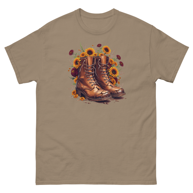 Rustic Fall Combat Boots with Sunflowers Graphic Tee #1 Women Tees Style Junction – Custom Digital Designs & Apparel Brown Savana S