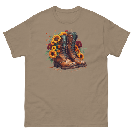 Rustic Fall Combat Boots with Sunflowers Graphic Tee #2 Women Tees Style Junction – Custom Digital Designs & Apparel Brown Savana S