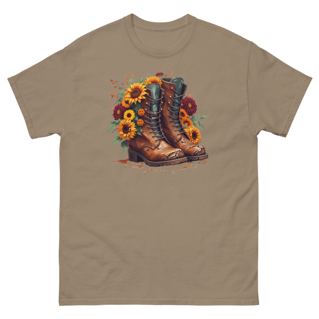 Rustic Fall Combat Boots with Sunflowers Graphic Tee #2 Women Tees Style Junction – Custom Digital Designs & Apparel Brown Savana S