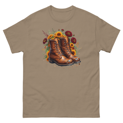 Rustic Fall Combat Boots with Sunflowers Graphic Tee #3 Women Tees Style Junction – Custom Digital Designs & Apparel Brown Savana S