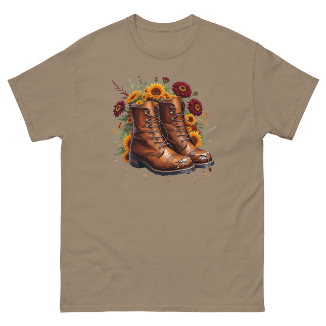 Rustic Fall Combat Boots with Sunflowers Graphic Tee #3 Women Tees Style Junction – Custom Digital Designs & Apparel Brown Savana S