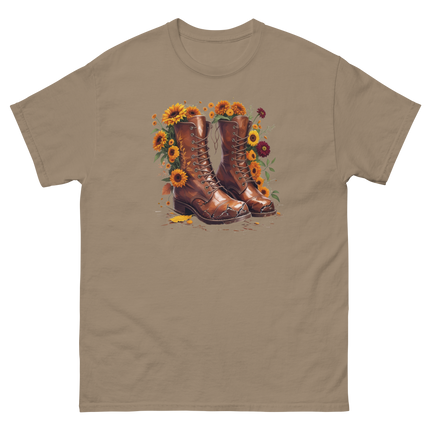 Rustic Fall Combat Boots with Sunflowers Graphic Tee #4 Women Tees Style Junction – Custom Digital Designs & Apparel Brown Savana S