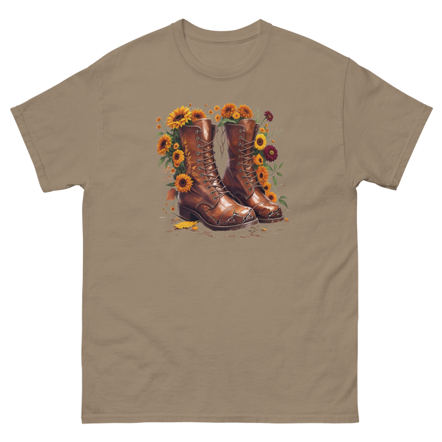 Rustic Fall Combat Boots with Sunflowers Graphic Tee #4 Women Tees Style Junction – Custom Digital Designs & Apparel Brown Savana S