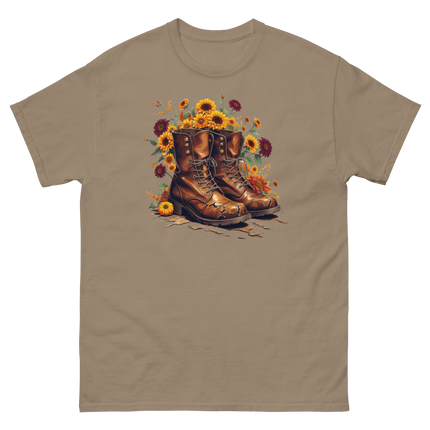 Rustic Fall Combat Boots with Sunflowers Graphic Tee #5 Women Tees Style Junction – Custom Digital Designs & Apparel Brown Savana S