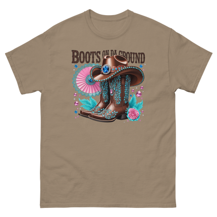Brown Rhinestone Cowgirl Boots Tee – Boots on Da Ground #1 Women Tees Style Junction – Custom Digital Designs & Apparel Brown Savana S