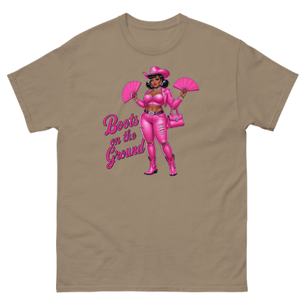 Pink Glam Cowgirl Tee – Boots on the Ground Graphic Shirt #1 Women Tees Style Junction – Custom Digital Designs & Apparel Brown Savana S