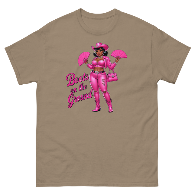Pink Glam Cowgirl Tee – Boots on the Ground Graphic Shirt #1 Women Tees Style Junction – Custom Digital Designs & Apparel Brown Savana S